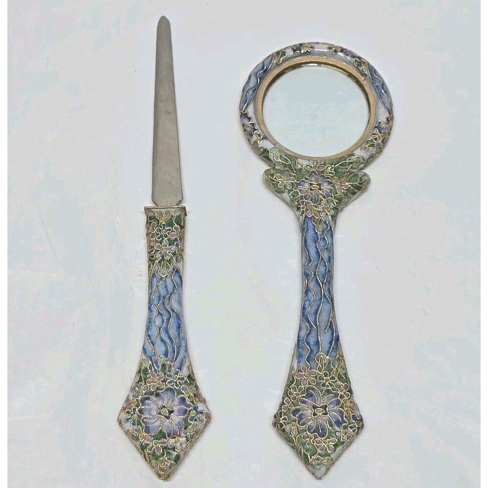 Vintage Cloisonne Magnifying Glass And Letter Opener Blue Green Floral Enamel